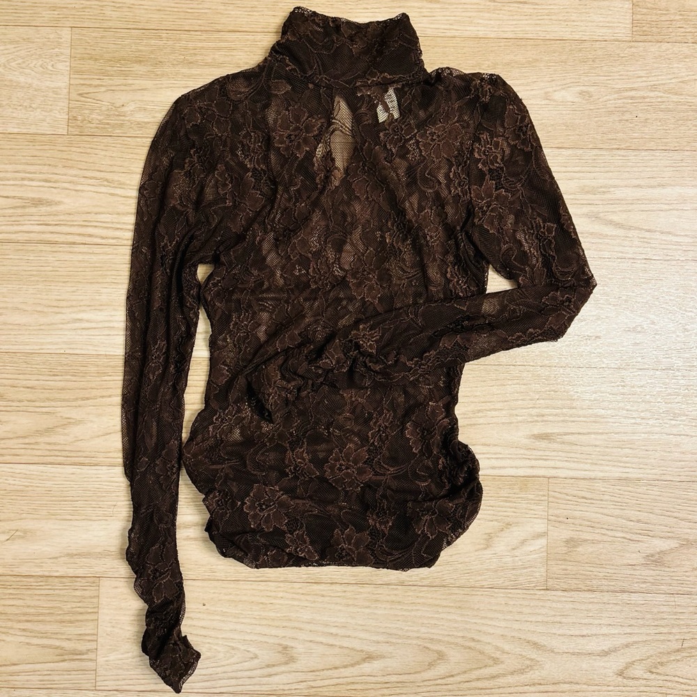 Arden B High Neck Sheer Lace Long Sleeve Mock Neck Blouse | Ruching | Size XS